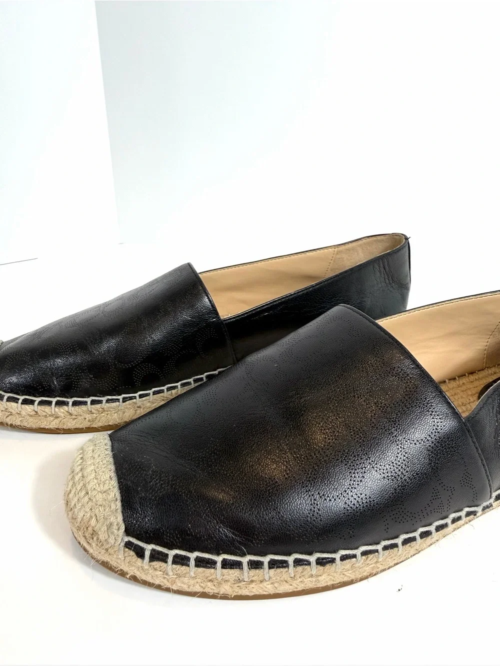 Coach Black Leather Signature Monogram Perforated Espadrille Flats Size 9